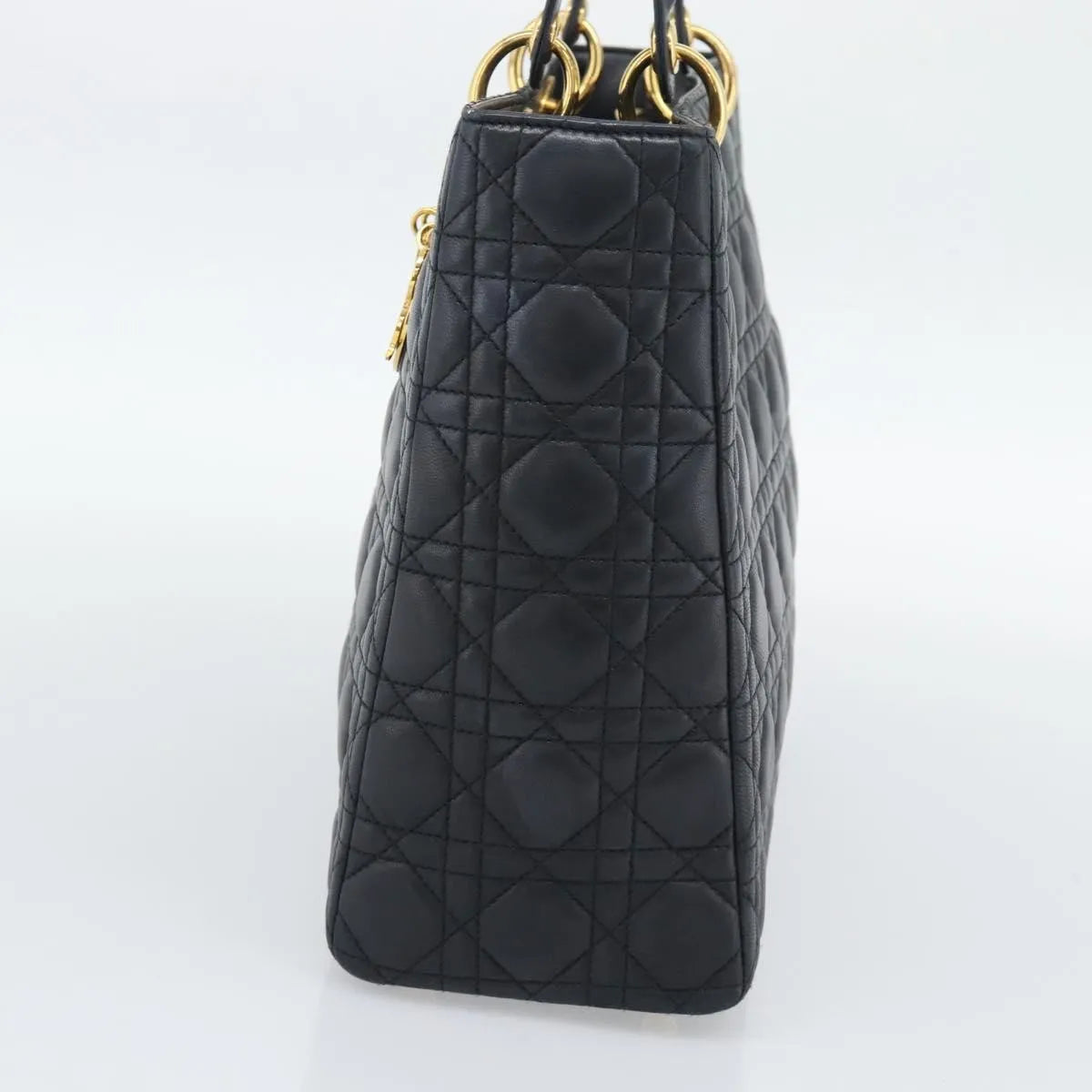 Christian Dior Lady Dior Cannage Quilt Lambskin Black Leather Handbag (Pre-Owned)