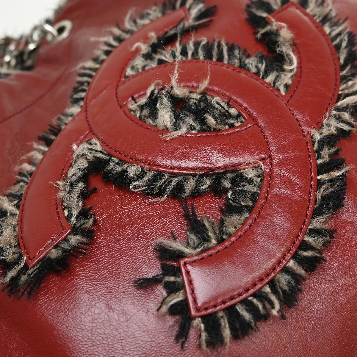 Chanel Funny Tweed Bon Bon Tote Lambskin Burgundy Leather Tote Bag Bag (Pre-Owned)