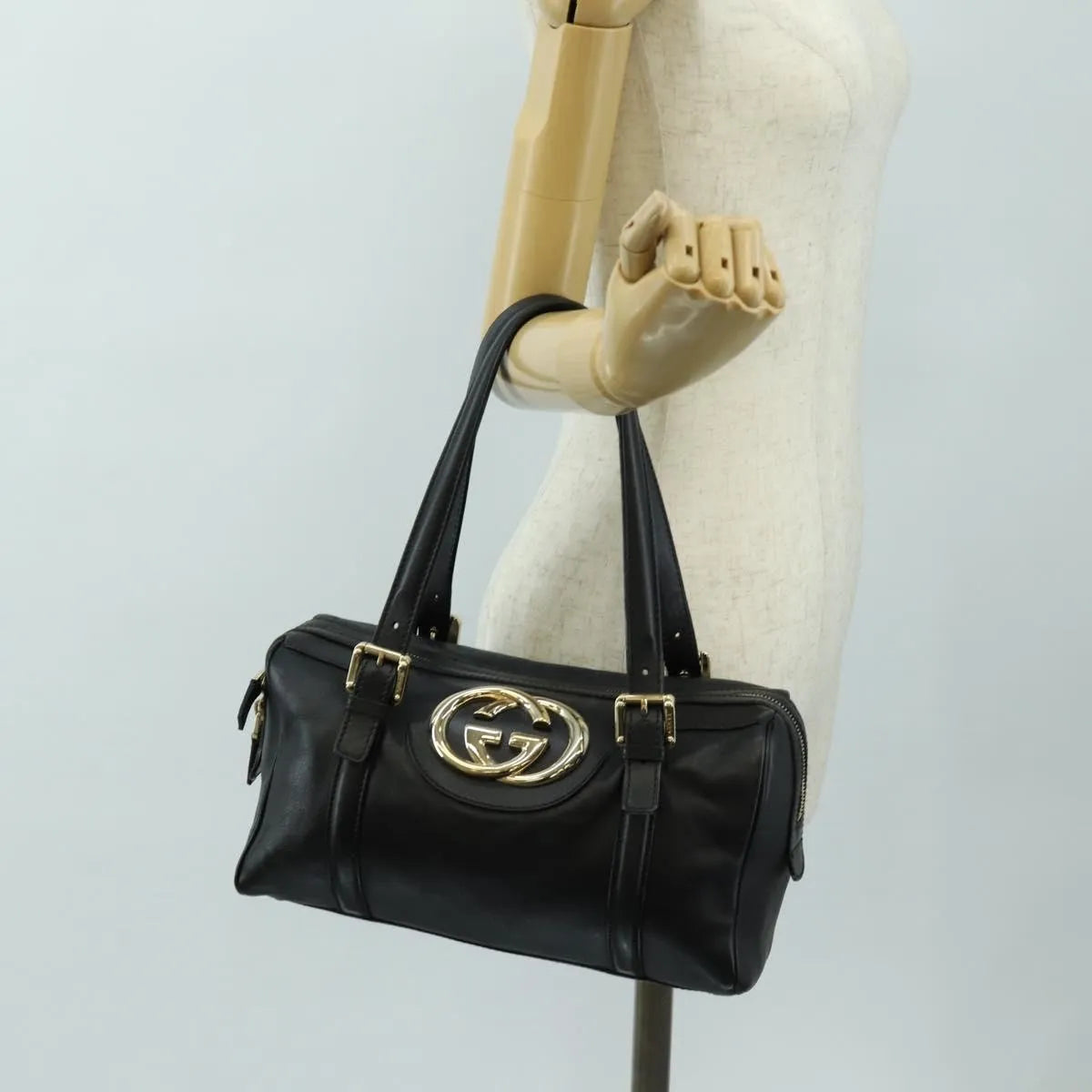 Gucci Britt Boston Duffle Leather Black Leather Handbag (Pre-Owned)