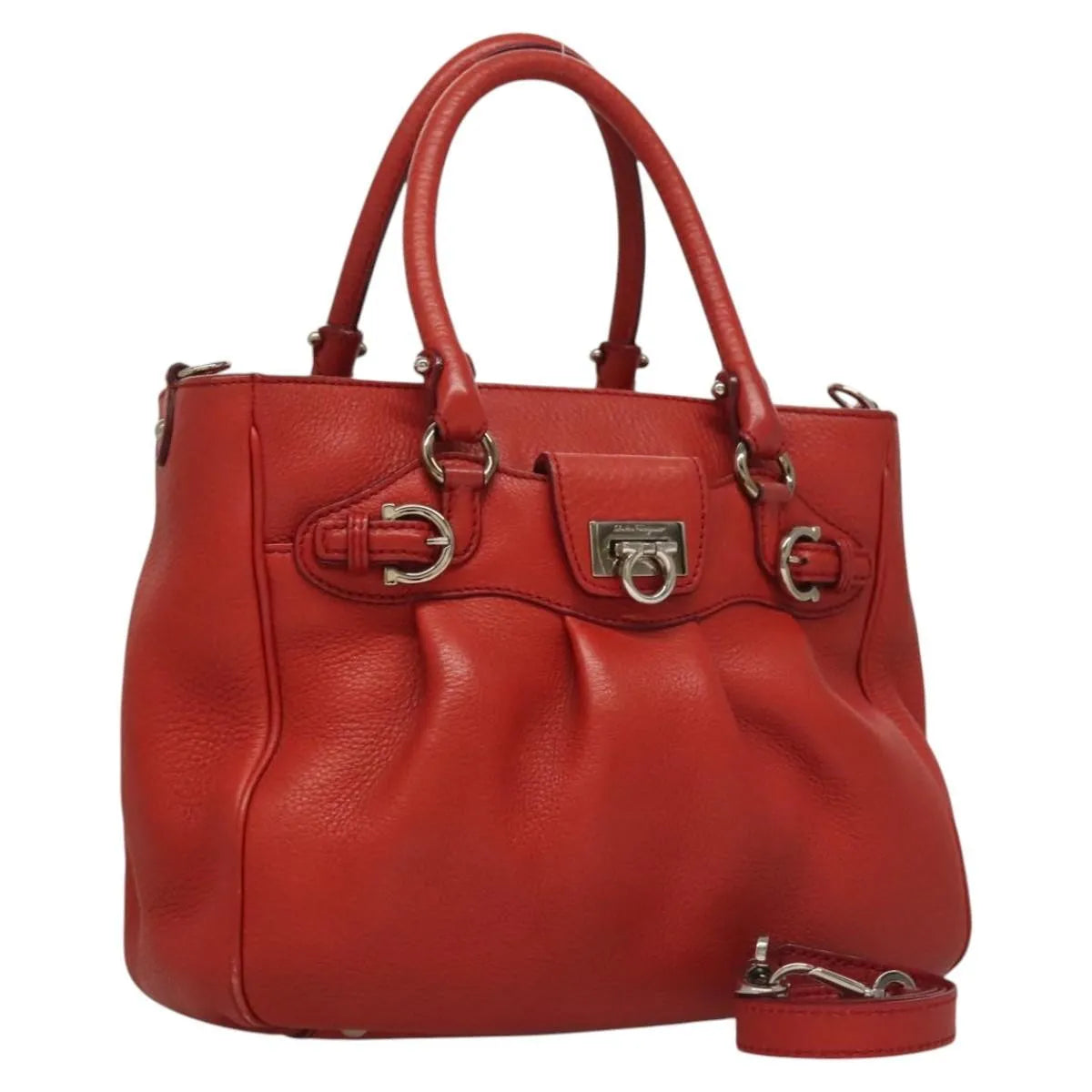 Salvatore Ferragamo Gancini Handle Tote Leather Red Leather Handbag (Pre-Owned)