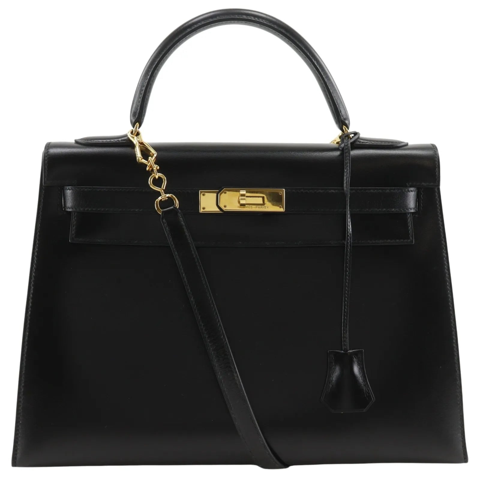 Hermes Kelly Black Box Calf With Gold Hardware Black Leather Handbag (Pre-Owned)