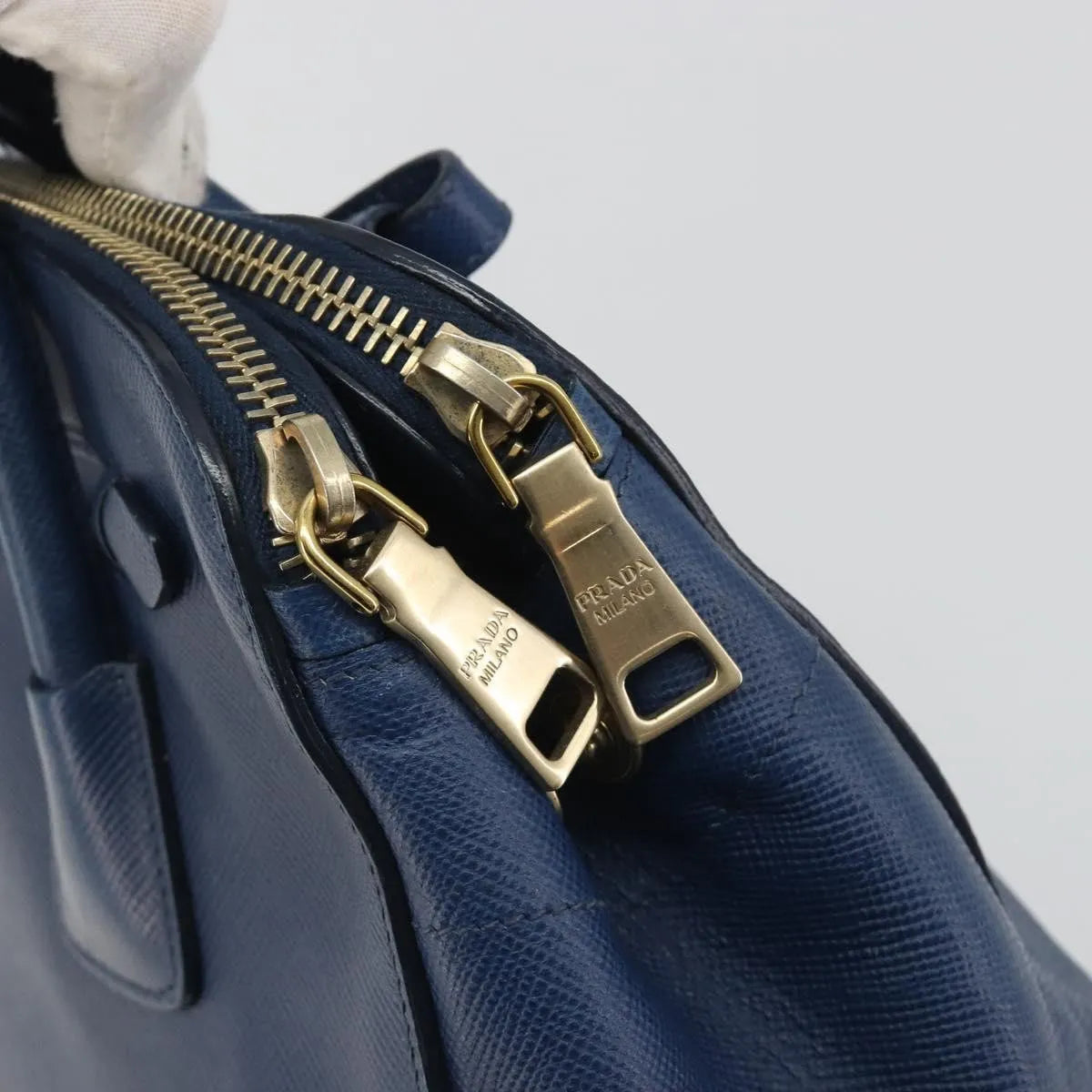 Prada Cuir Frame Double Zip Tote Saffiano Leather Blue Leather Tote Bag Bag (Pre-Owned)