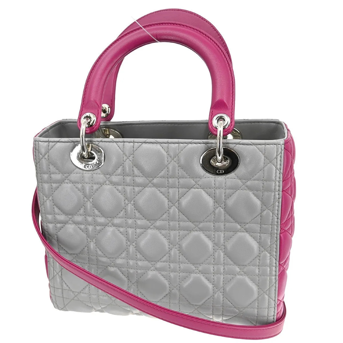 Christian Dior Lady Dior Cannage Quilt Lambskin Gray Leather Handbag (Pre-Owned)