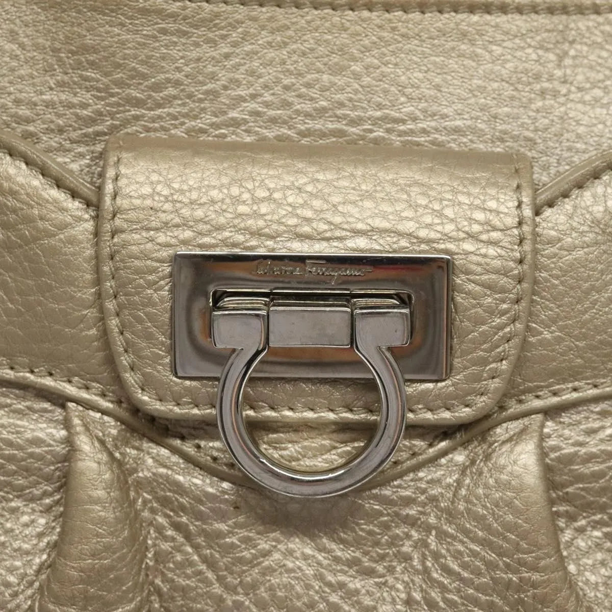 Salvatore Ferragamo Gancini Zip Tote Leather Gold Leather Handbag (Pre-Owned)