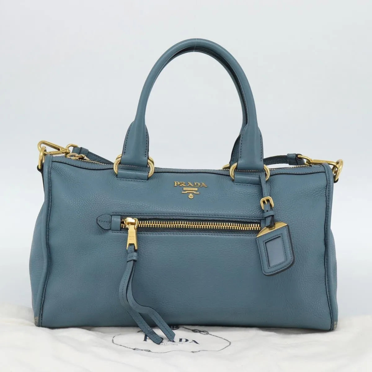 Prada Front Zip Convertible Satchel Vitello Phenix Blue Leather Handbag (Pre-Owned)
