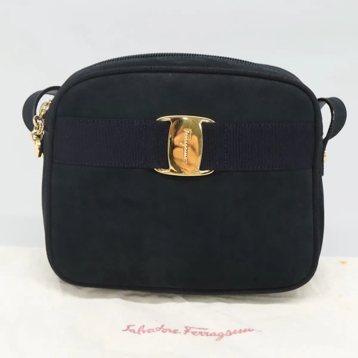 Salvatore Ferragamo Vara Bow Camera Suede Navy Suede Shoulder Bag Bag (Pre-Owned)