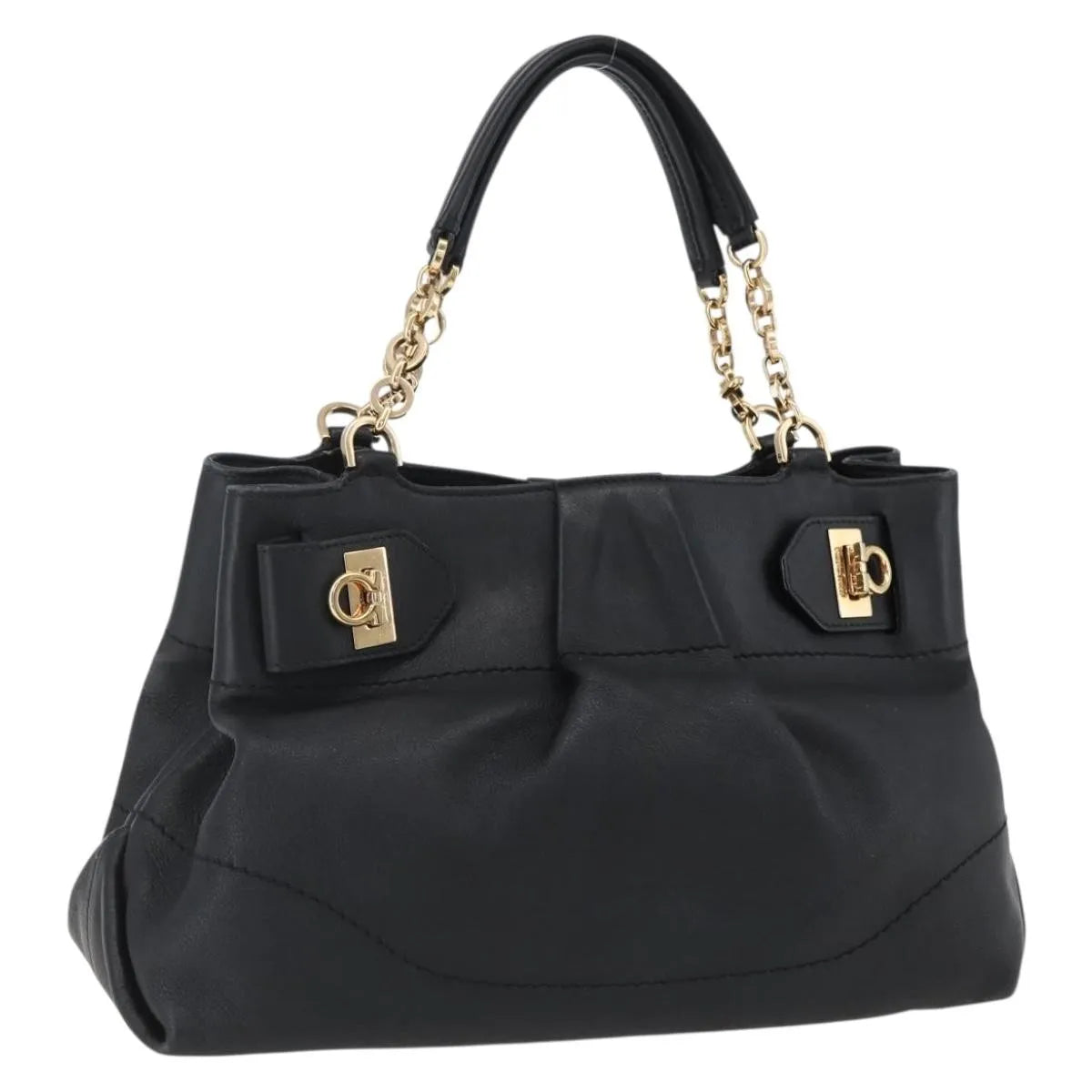 Salvatore Ferragamo W Chain Tote Leather Black Leather Handbag (Pre-Owned)