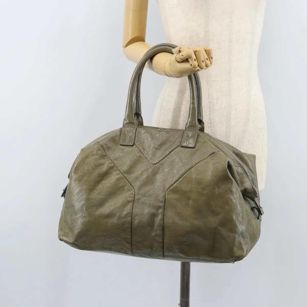 Saint Laurent Easy Y Satchel Patent Khaki Patent_Leather Handbag (Pre-Owned)