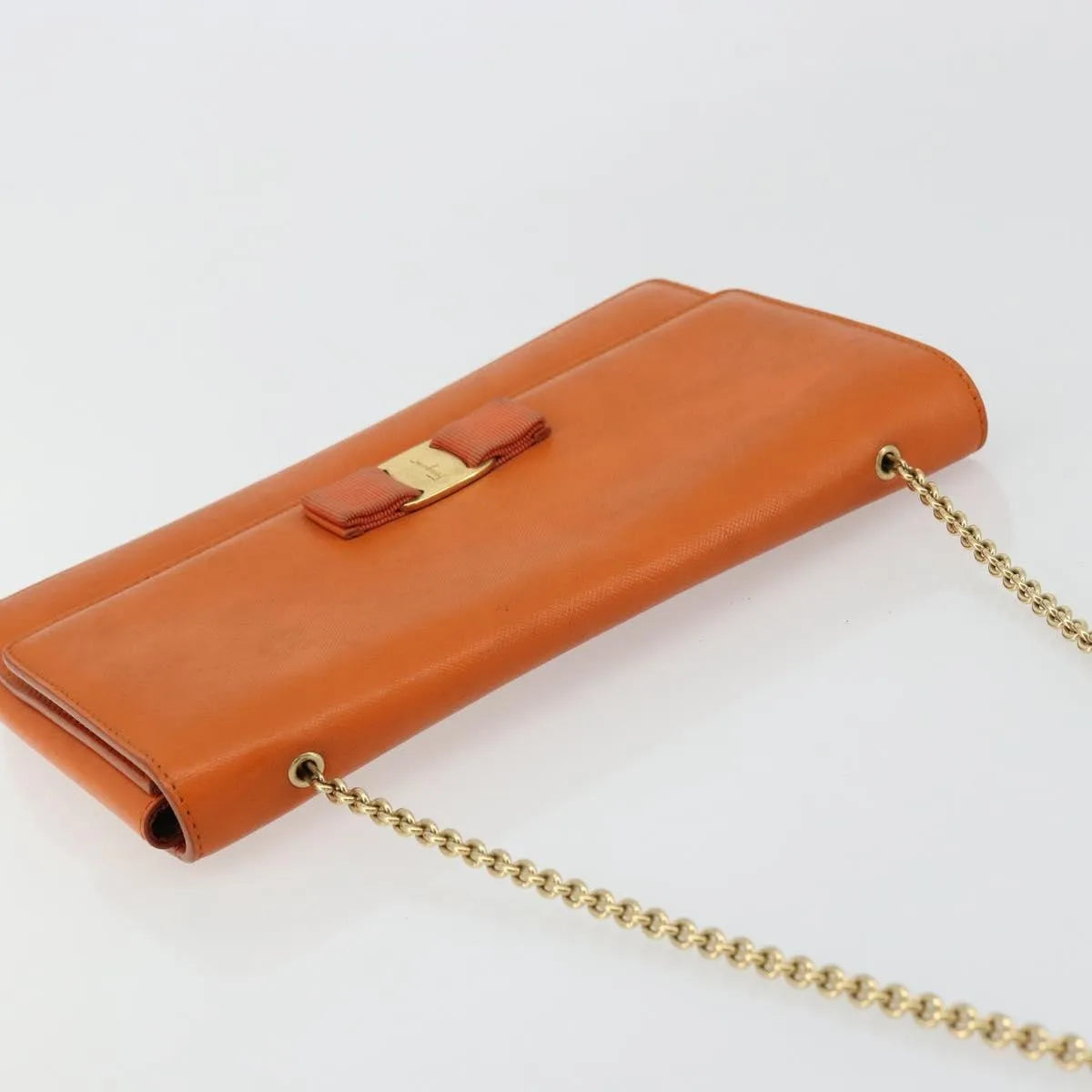 Salvatore Ferragamo Vara Bow Chain Clutch Leather Orange Leather Shoulder Bag Bag (Pre-Owned)
