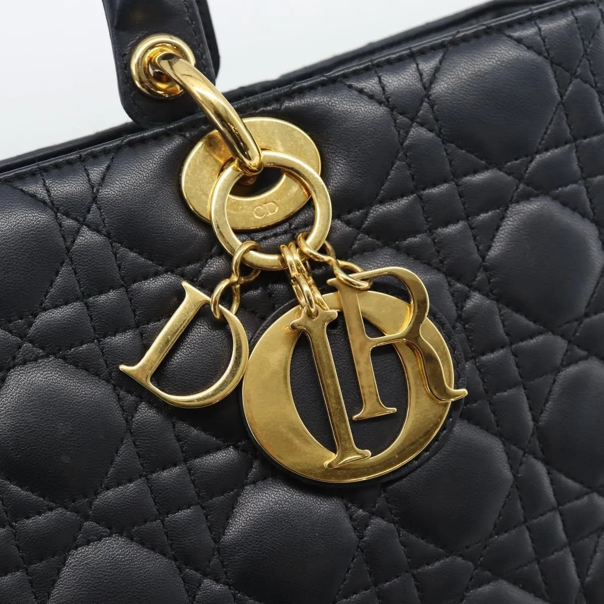 Christian Dior Lady Dior Cannage Quilt Lambskin Black Leather Handbag (Pre-Owned)