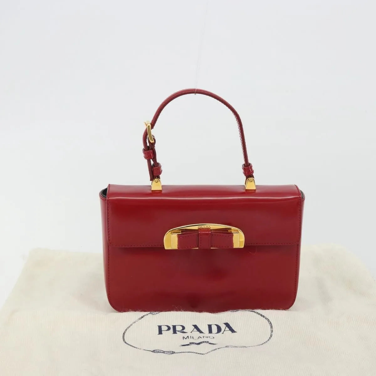 Prada Bow Top Handle Leather Red Leather Handbag (Pre-Owned)