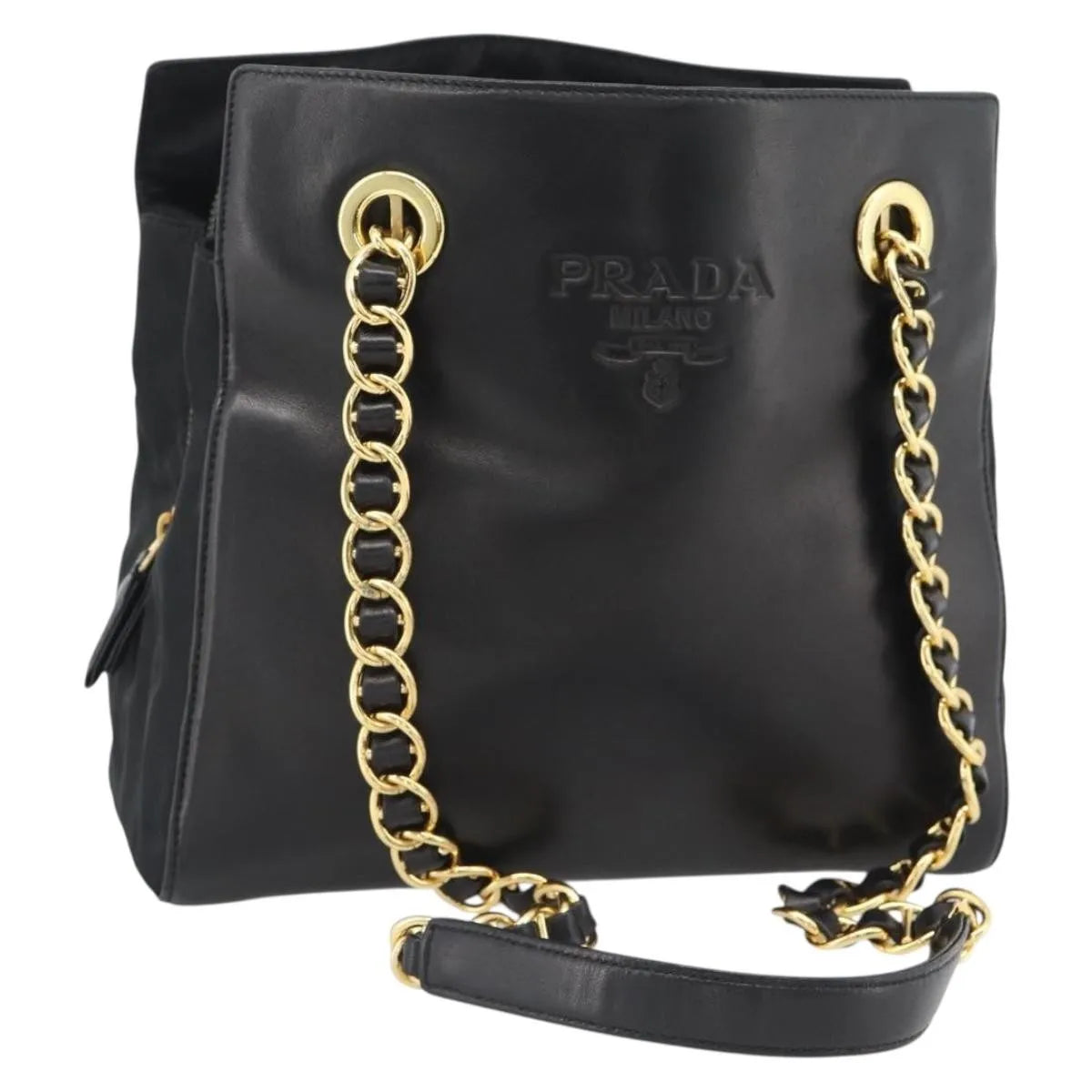 Prada Vintage Nappa Chain Tote Leather Black Leather Shoulder Bag Bag (Pre-Owned)