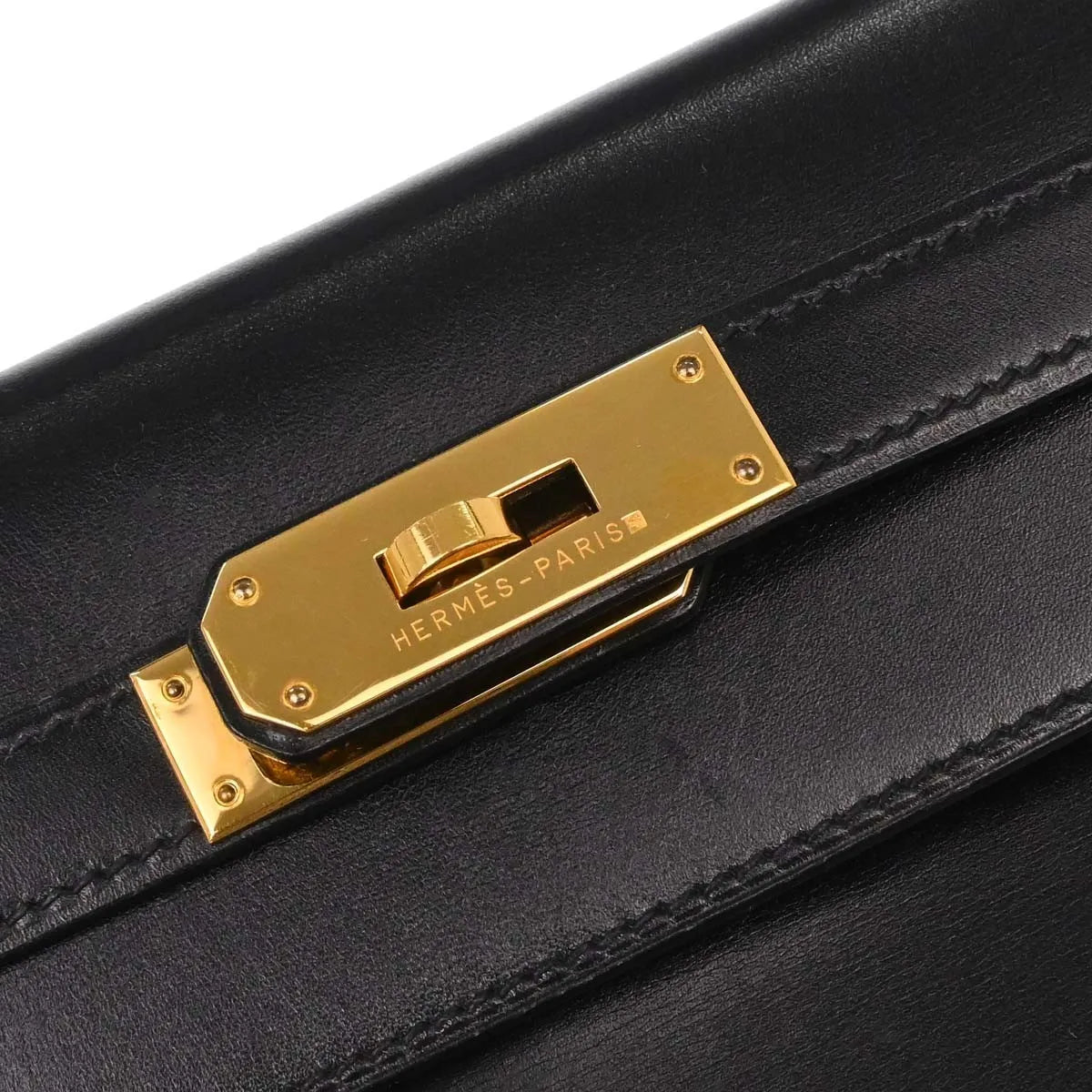 Hermes Kelly Black Box Calf With Gold Hardware Black Leather Handbag (Pre-Owned)