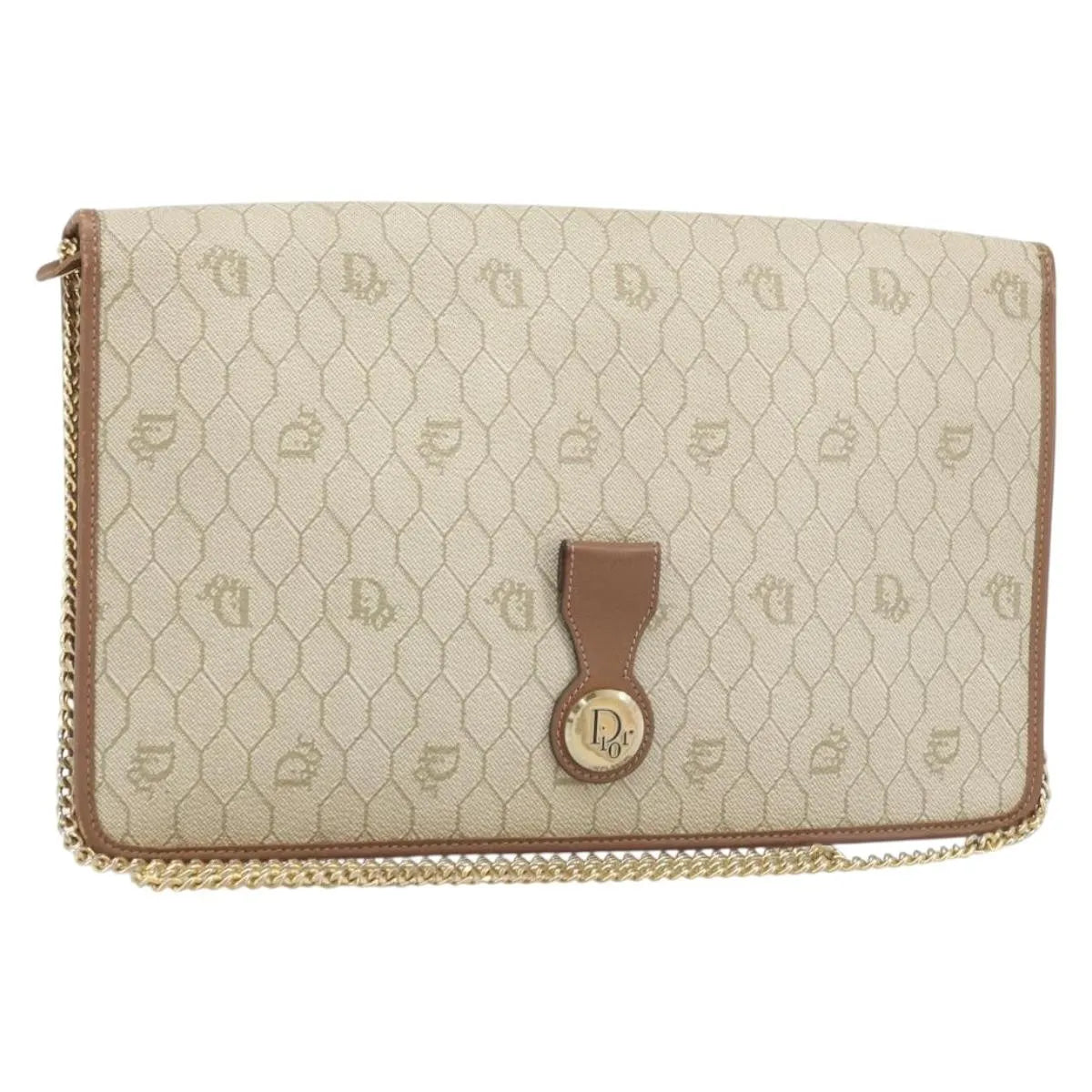 Christian Dior Vintage Honeycomb Chain Canvas Beige Canvas Shoulder Bag Bag (Pre-Owned)