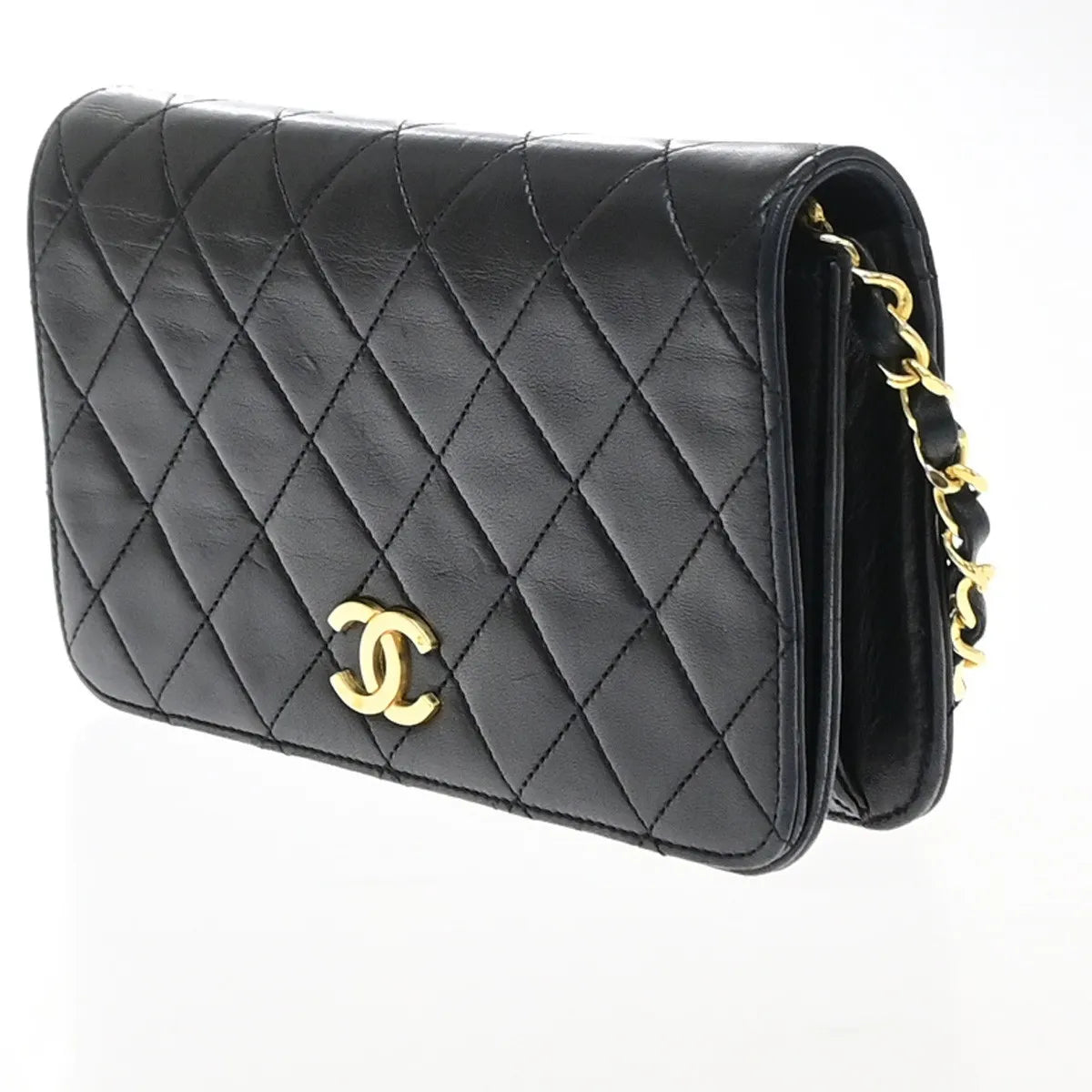 Chanel Vintage Full Flap Quilted Lambskin Black Leather Shoulder Bag Bag (Pre-Owned)