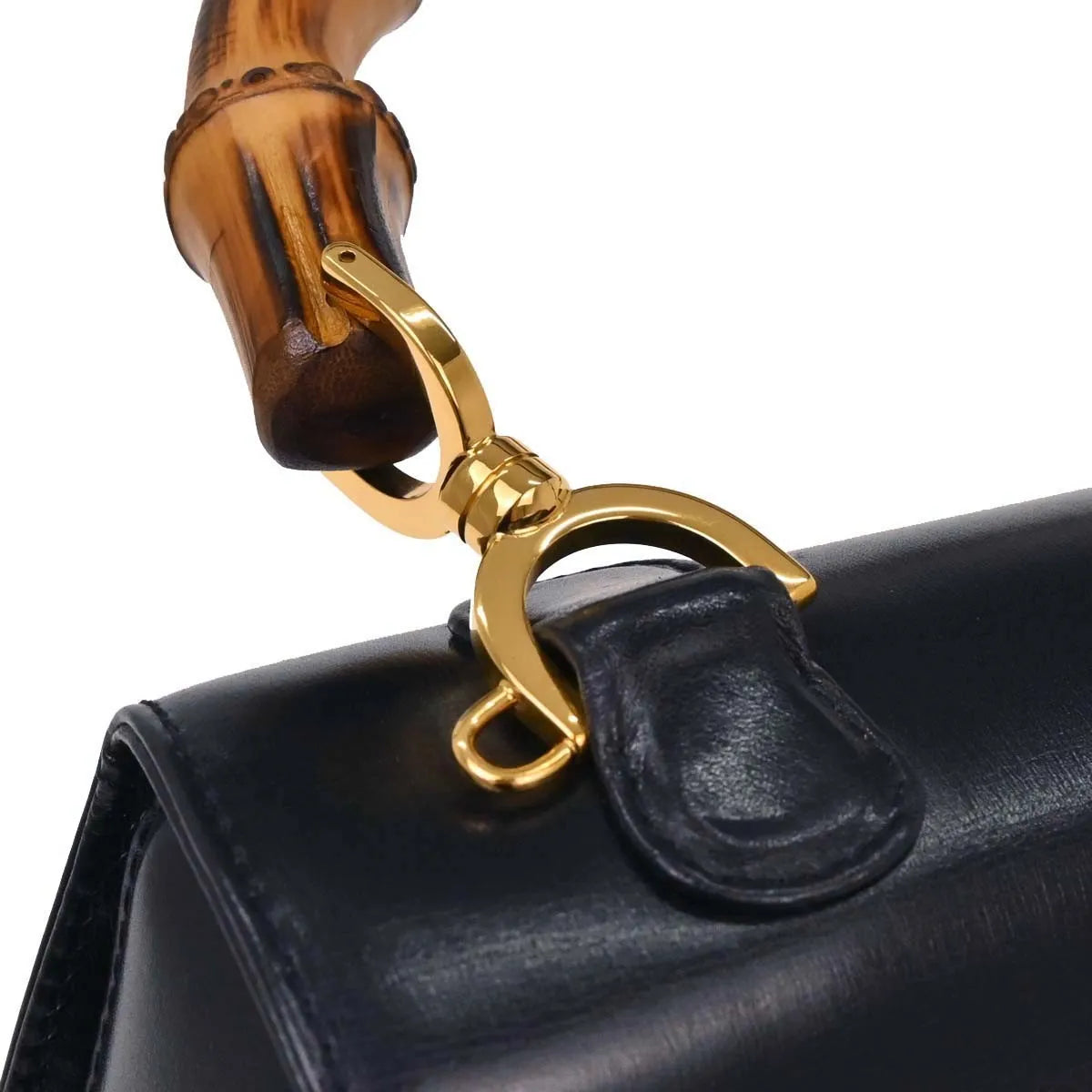 Gucci Vintage Convertible Bamboo Top Handle Leather Navy Leather Handbag (Pre-Owned)