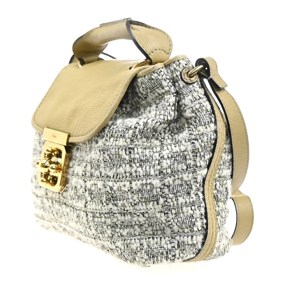 Chloe Elsie Tweed Leather Beige Tweed Shoulder Bag Bag (Pre-Owned)