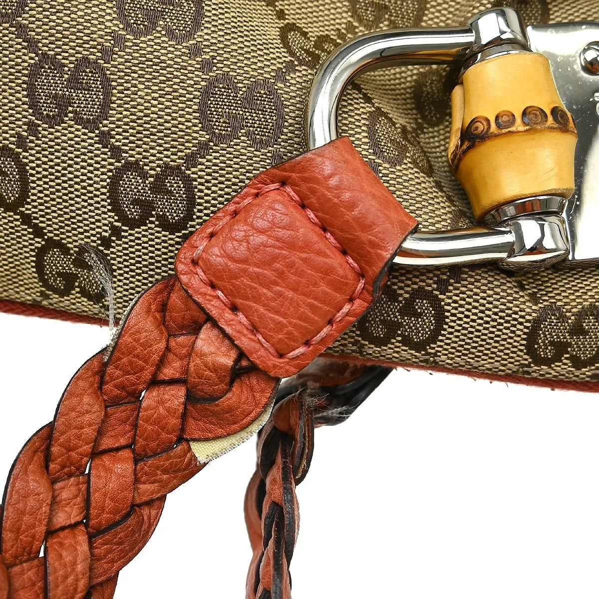 Gucci Bamboo Boston Horsebit Canvas With Leather Beige Canvas Handbag (Pre-Owned)