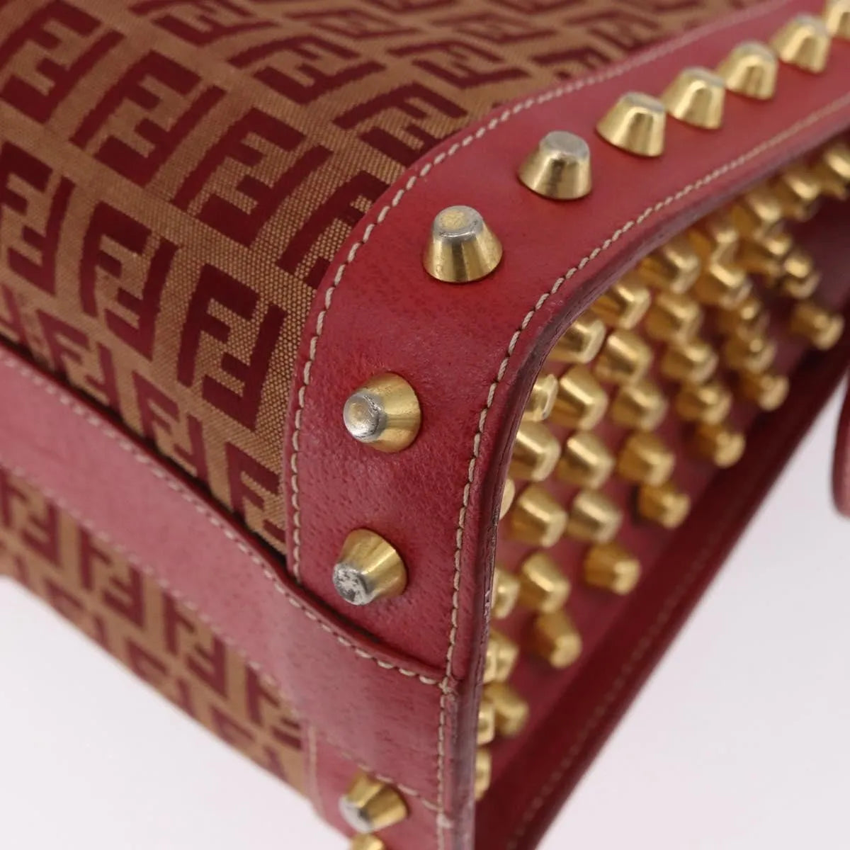 Fendi Studded Handle Canvas Red Canvas Handbag (Pre-Owned)