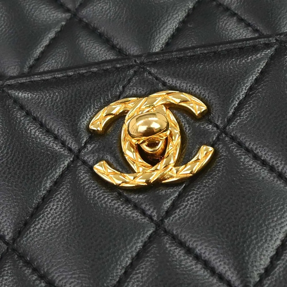 Chanel Vintage Top Handle Flap Quilted Lambskin Black Calfskin Handbag (Pre-Owned)