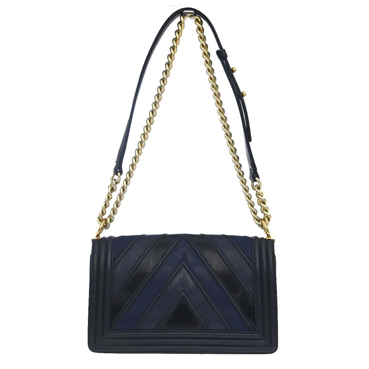 Chanel Boy Flap Chevron Caviar And Calfskin Navy Leather Shoulder Bag Bag (Pre-Owned)