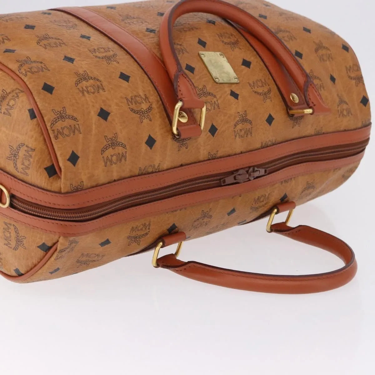 MCM Vicetos Logogram Boston Brown Leather Travel Bag Bag (Pre-Owned)