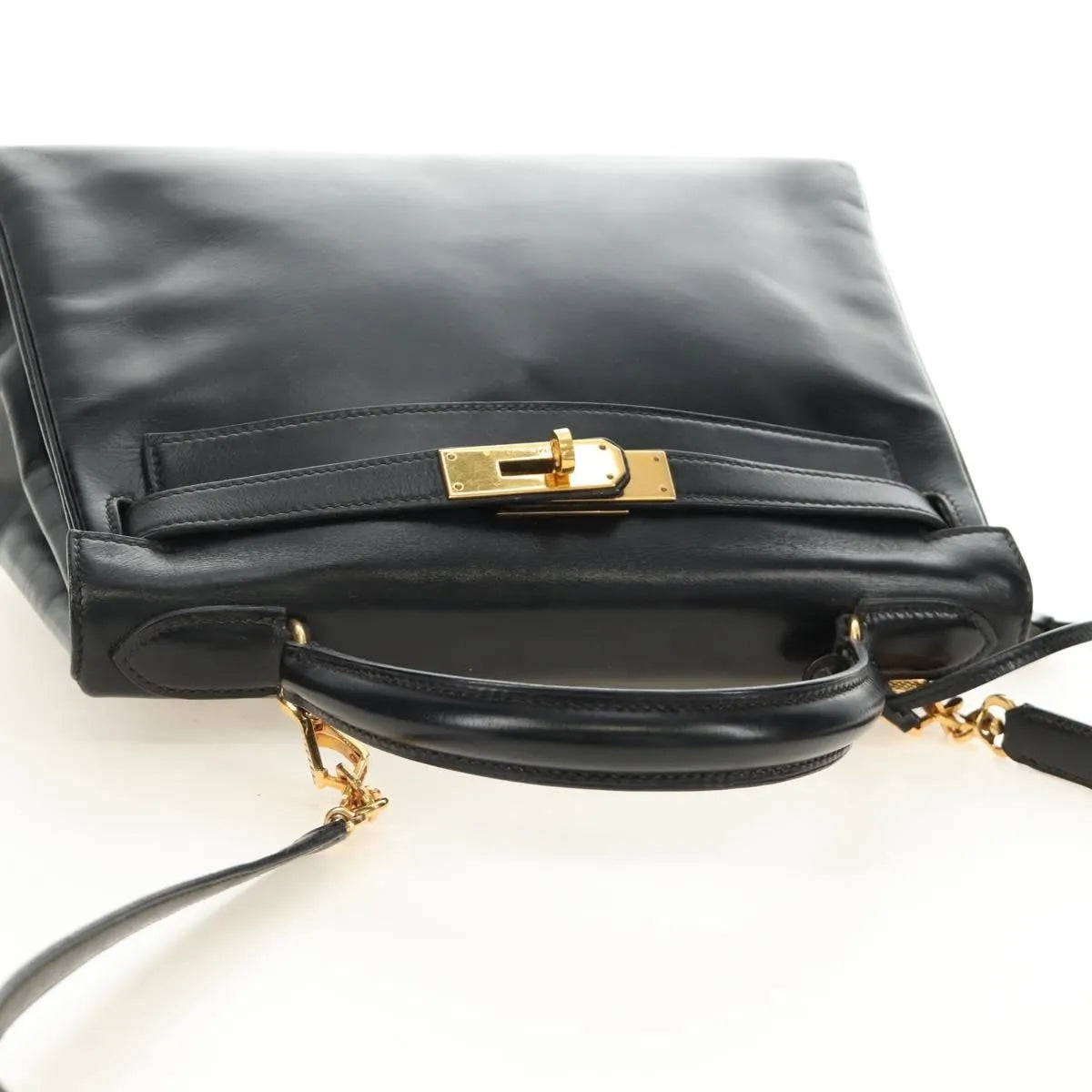 Hermes Kelly Black Box Calf With Gold Hardware Black Calfskin Handbag (Pre-Owned)