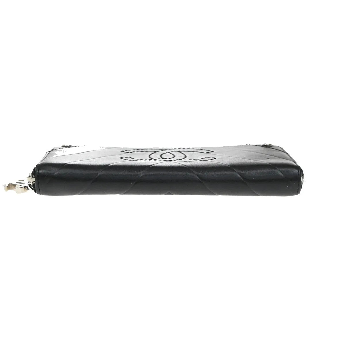 Chanel Cc Charm Zip Around Quilted Lambskin Black Leather Wallets Accessory (Pre-Owned)