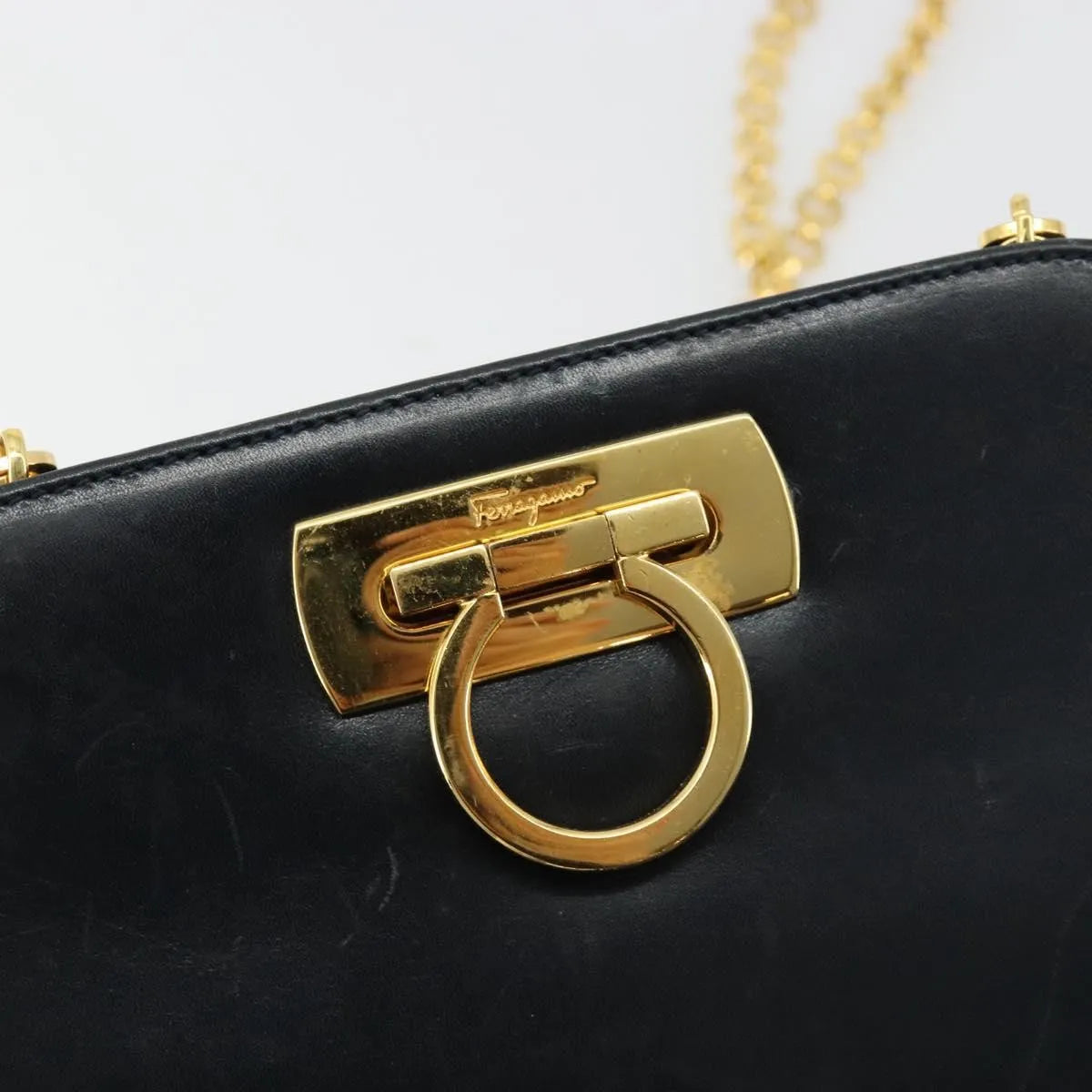 Salvatore Ferragamo Gancini Chain Leather Navy Leather Shoulder Bag Bag (Pre-Owned)