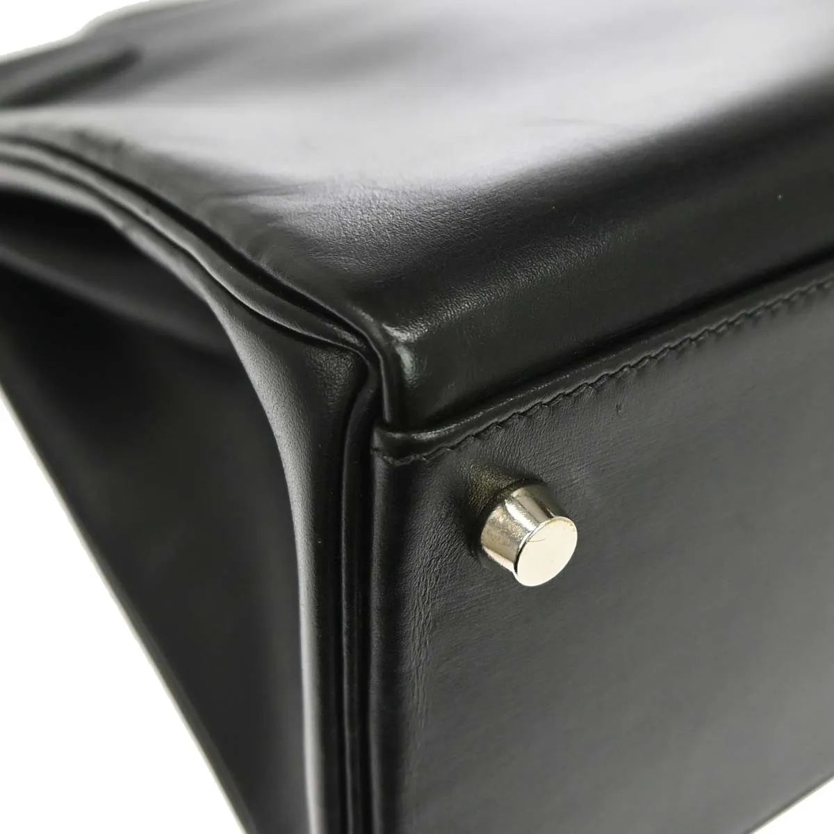 Hermes Kelly Handbag Black Box Calf With Palladium Hardware Black Leather Handbag (Pre-Owned)