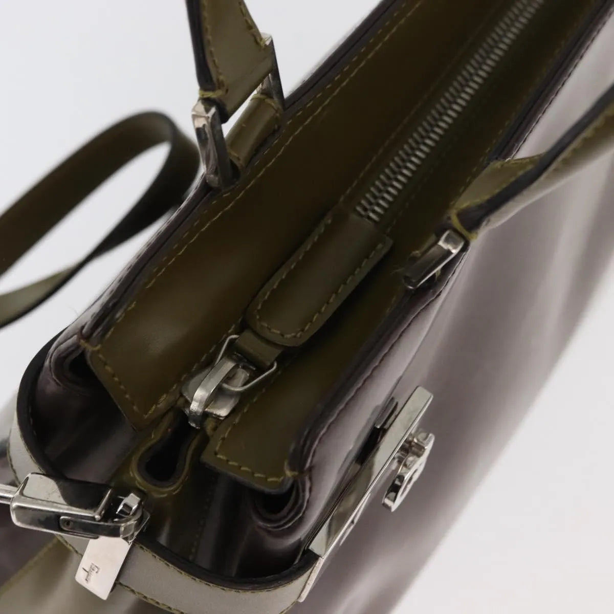 Salvatore Ferragamo Double Gancini Side Buckle Tote Patent Leather Brown Patent_Leather Handbag (Pre-Owned)