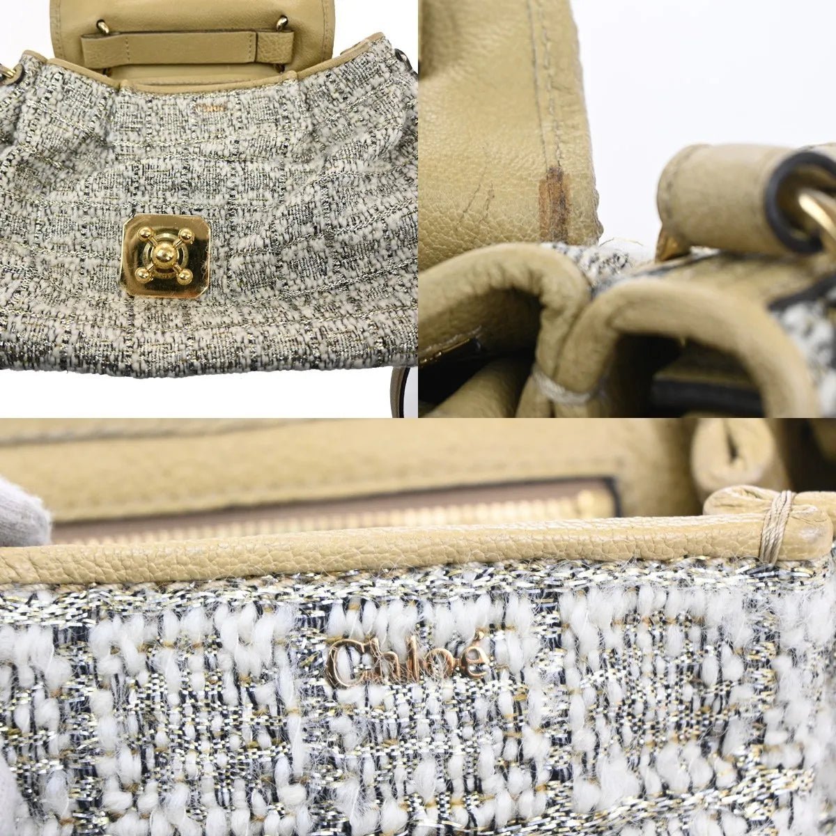 Chloe Elsie Tweed Leather Beige Tweed Shoulder Bag Bag (Pre-Owned)
