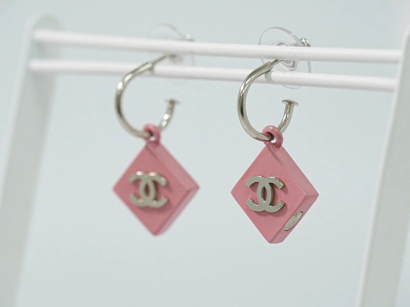 Chanel Vintage Cc Square Drop Metal With Enamel And Lace Silver Metal Earrings Jewelry (Pre-Owned)