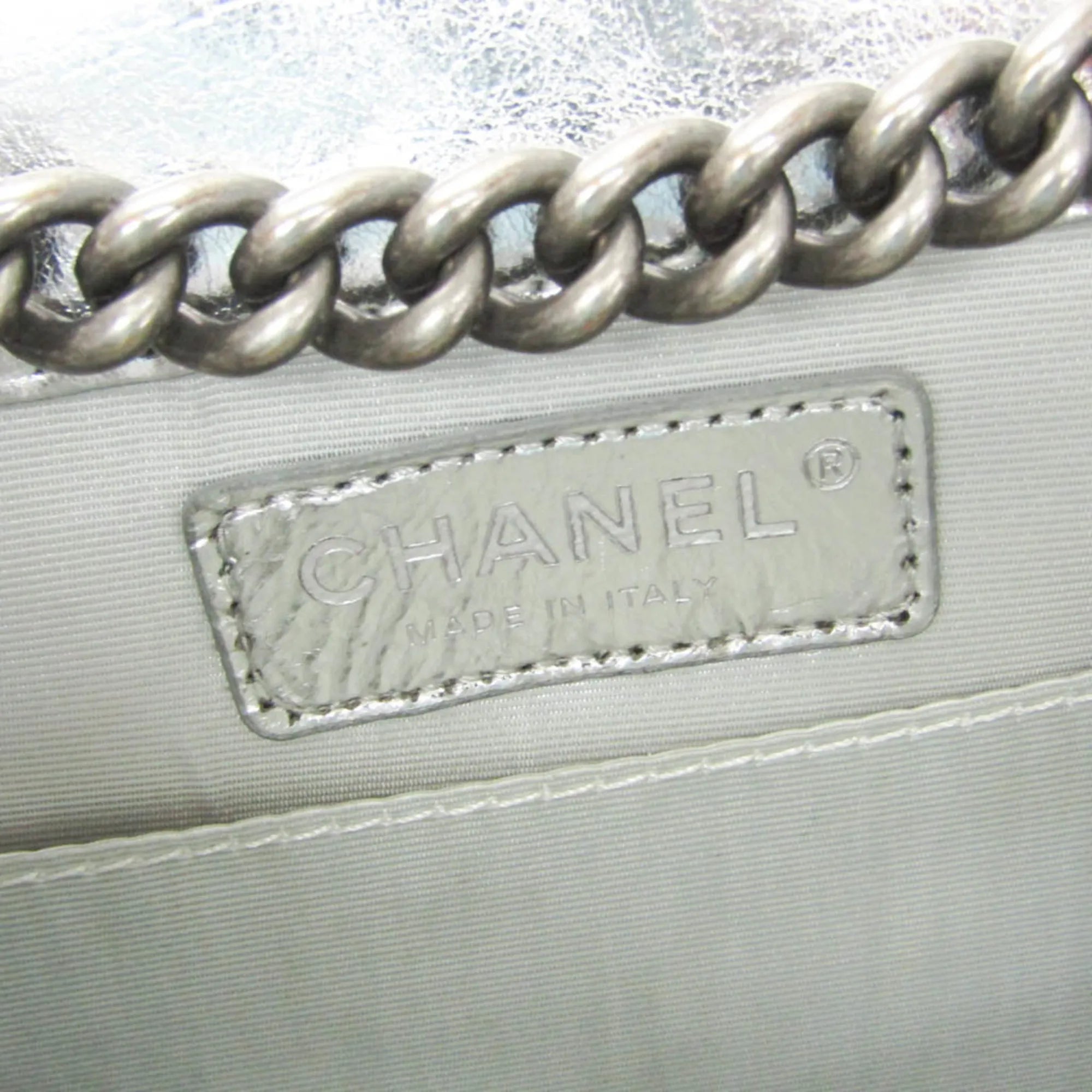 Chanel North South Boy Flap Quilted Metallic Calfskin Silver Leather Shoulder Bag Bag (Pre-Owned)