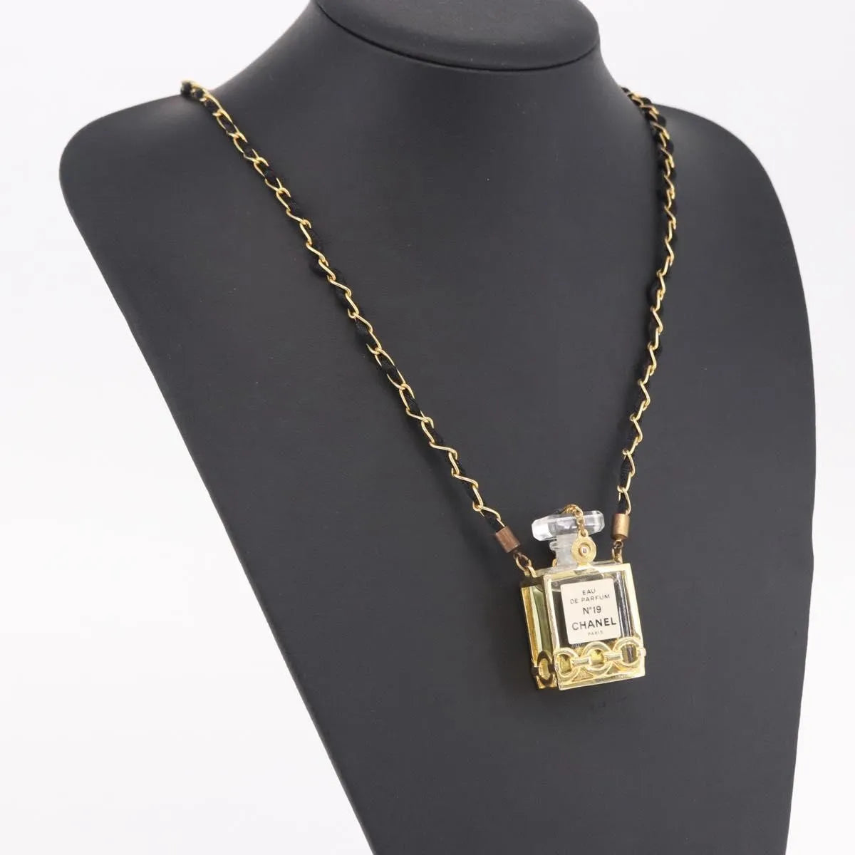 Chanel Cc Perfume Bottle Pendant Chain Long Metal With Leather, Crystals And Faux Pearl Gold Metal Necklace Jewelry (Pre-Owned)
