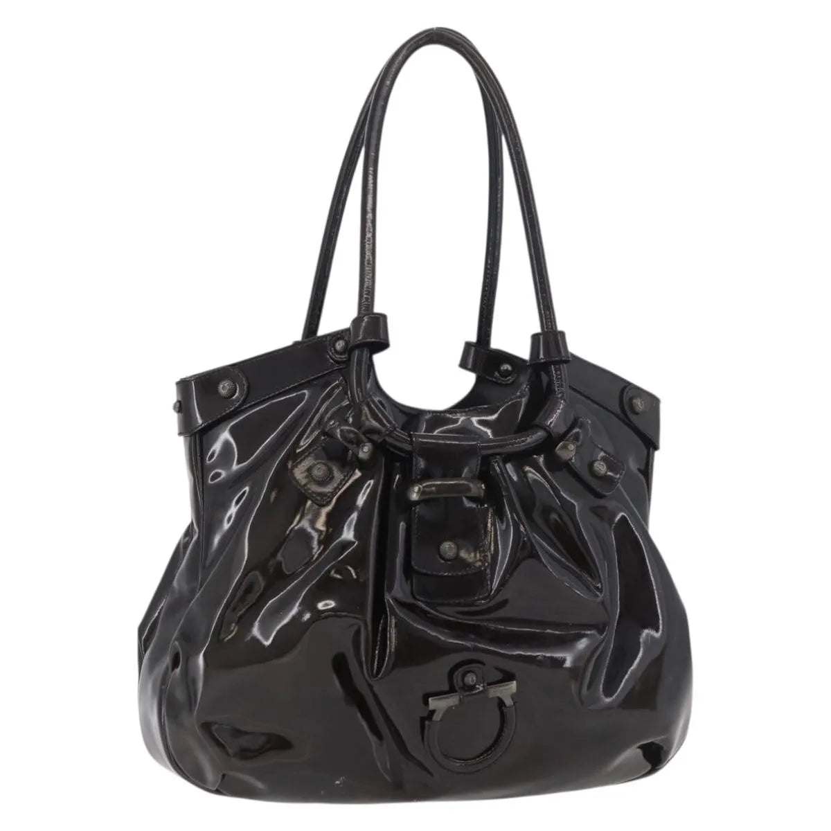Salvatore Ferragamo Gancini Patent Leather Brown Patent_Leather Handbag (Pre-Owned)