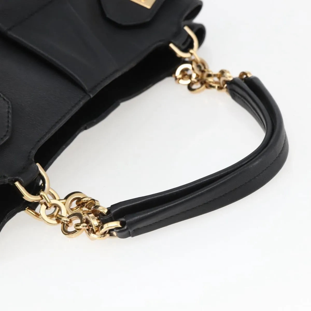 Salvatore Ferragamo W Chain Tote Leather Black Leather Handbag (Pre-Owned)