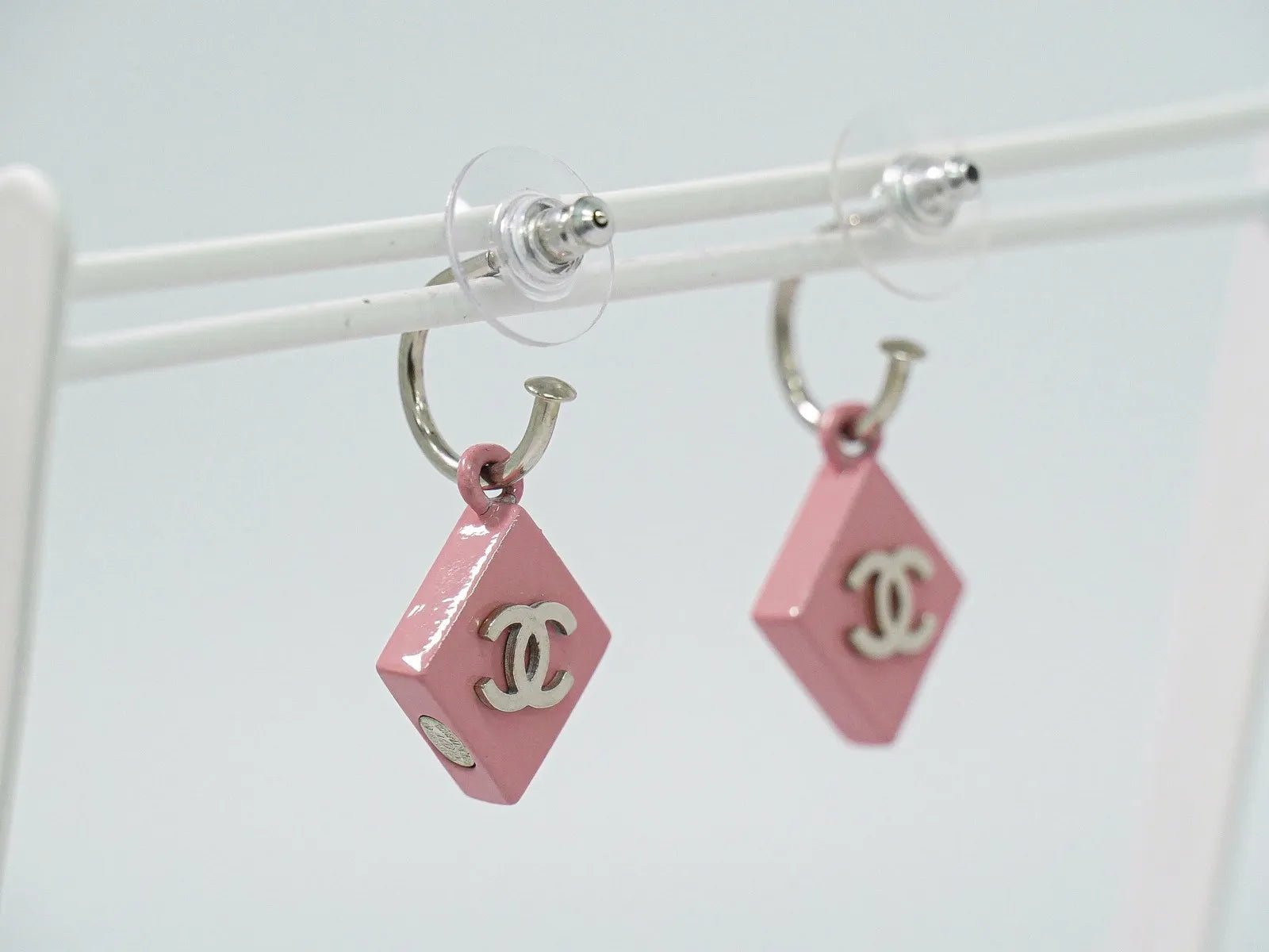 Chanel Vintage Cc Square Drop Metal With Enamel And Lace Silver Metal Earrings Jewelry (Pre-Owned)