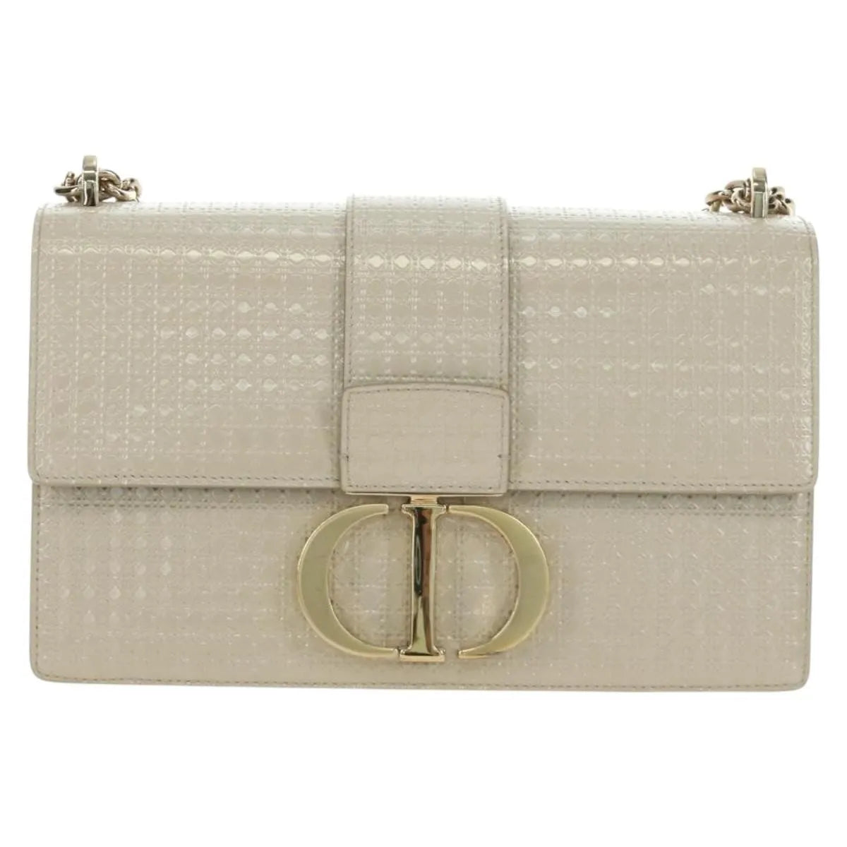 Christian Dior 30 Montaigne Chain Flap Micro Cannage Metallic Calfskin Beige Patent_Leather Shoulder Bag Bag (Pre-Owned)