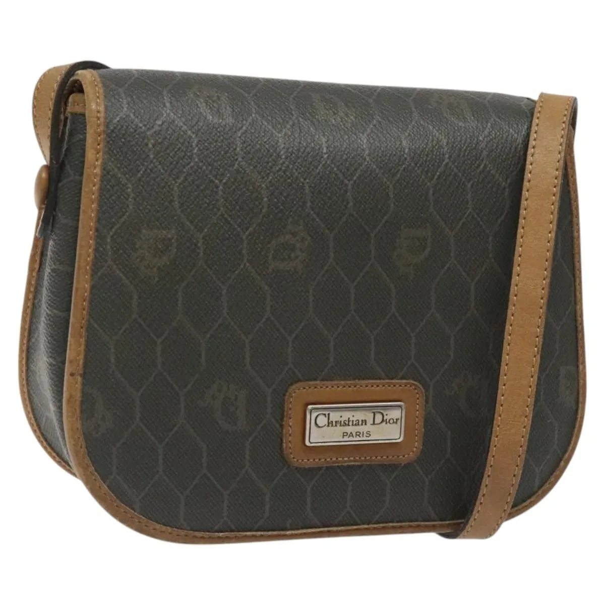 Christian Dior Vintage Honeycomb Flap Coated Canvas Khaki Canvas Shoulder Bag Bag (Pre-Owned)