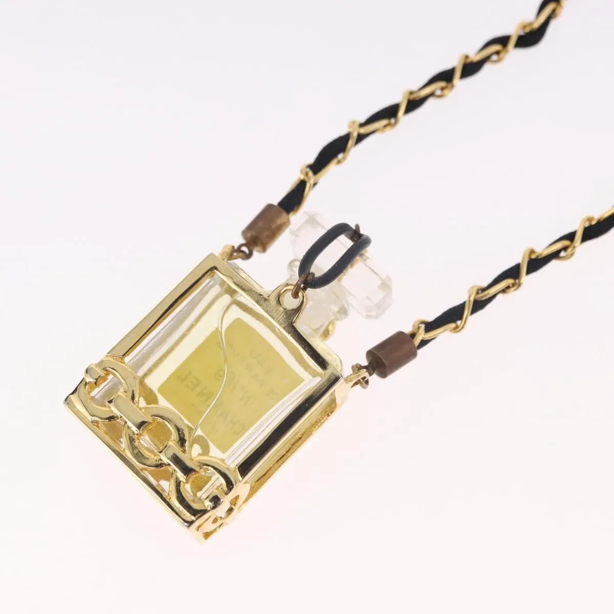 Chanel Cc Perfume Bottle Pendant Chain Long Metal With Leather, Crystals And Faux Pearl Gold Metal Necklace Jewelry (Pre-Owned)