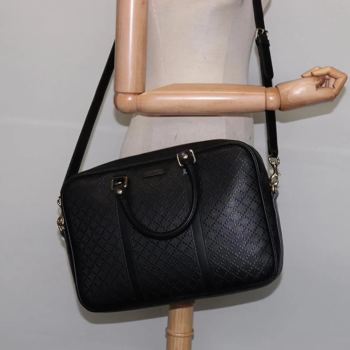 Gucci Bright Convertible Diamante Leather Black Leather Briefcase Bag (Pre-Owned)