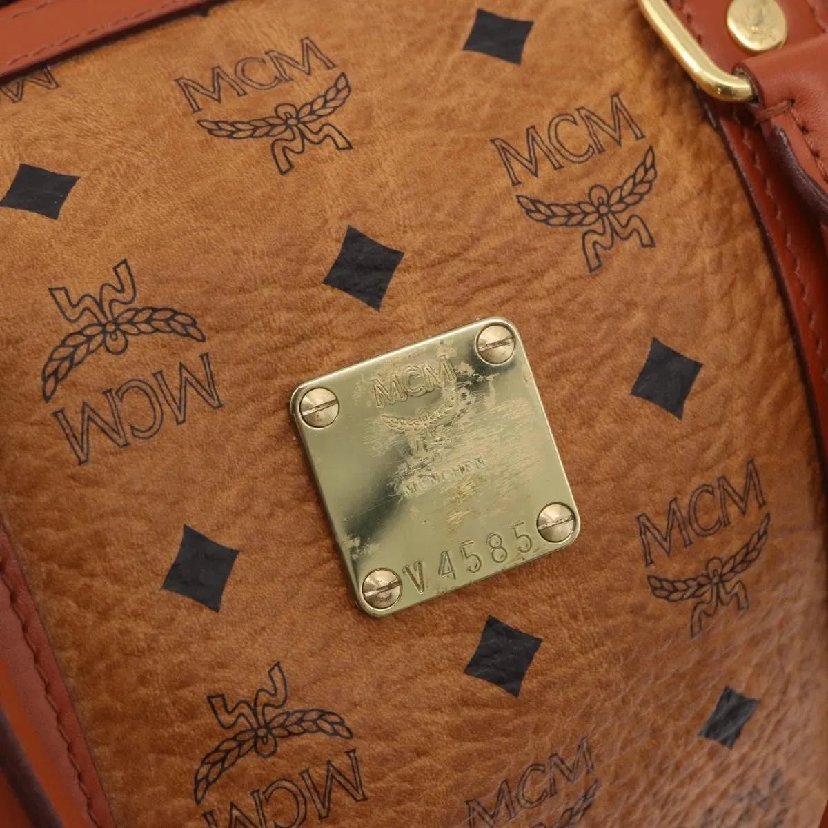 MCM Vicetos Logogram Boston Brown Leather Travel Bag Bag (Pre-Owned)