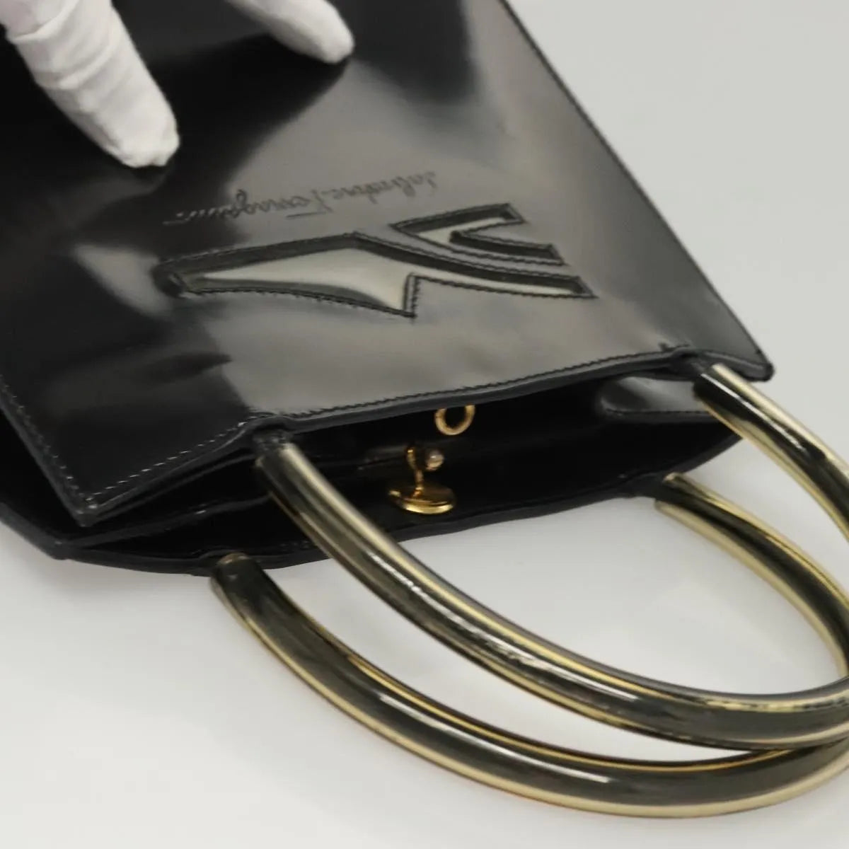 Salvatore Ferragamo Vintage Patent Leather Black Patent_Leather Handbag (Pre-Owned)