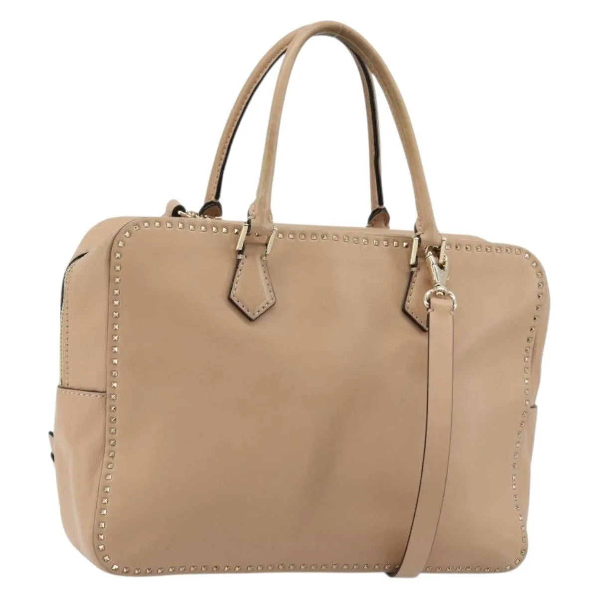 Valentino Garavani Convertible Zip Satchel Leather With Micro Rockstuds Beige Leather Handbag (Pre-Owned)