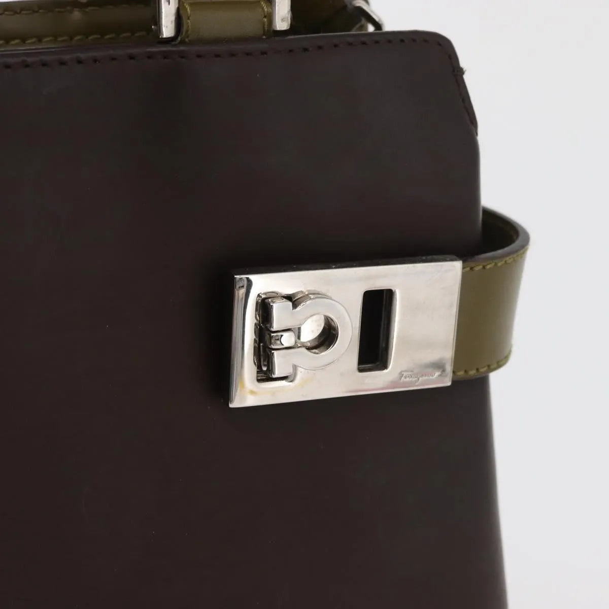 Salvatore Ferragamo Double Gancini Side Buckle Tote Patent Leather Brown Patent_Leather Handbag (Pre-Owned)