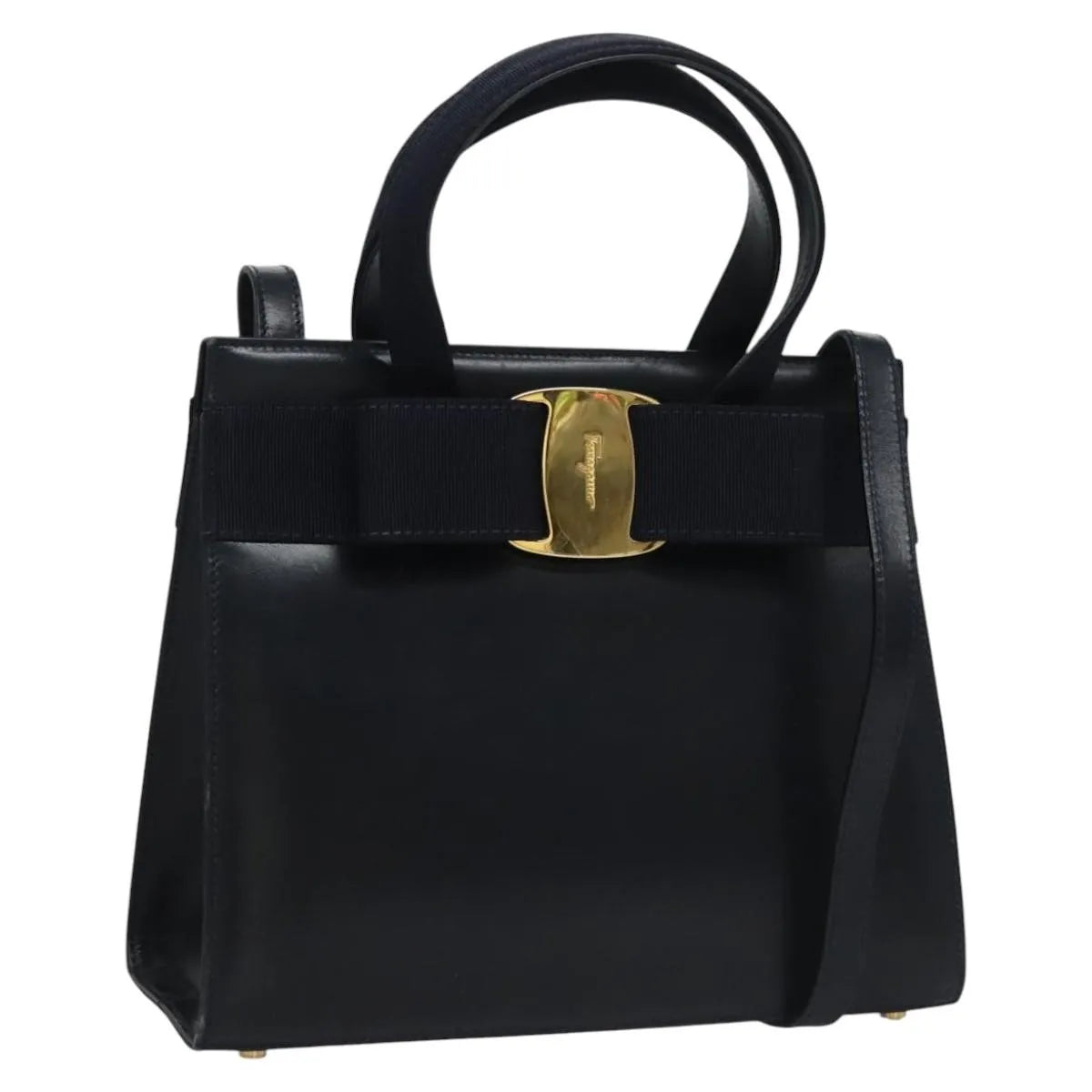 Salvatore Ferragamo Convertible Vara Bow Tote Leather Navy Leather Handbag (Pre-Owned)