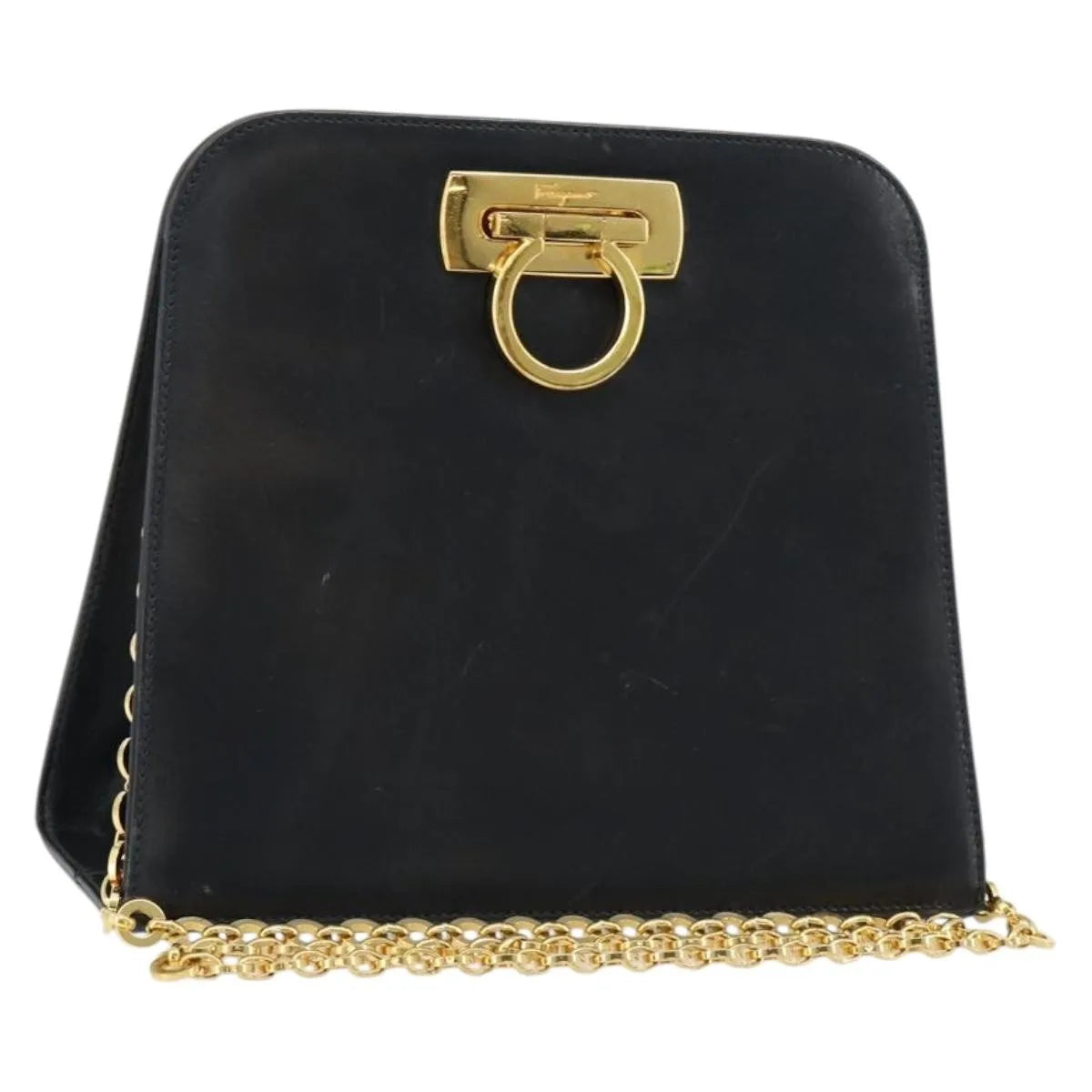 Salvatore Ferragamo Gancini Chain Leather Navy Leather Shoulder Bag Bag (Pre-Owned)
