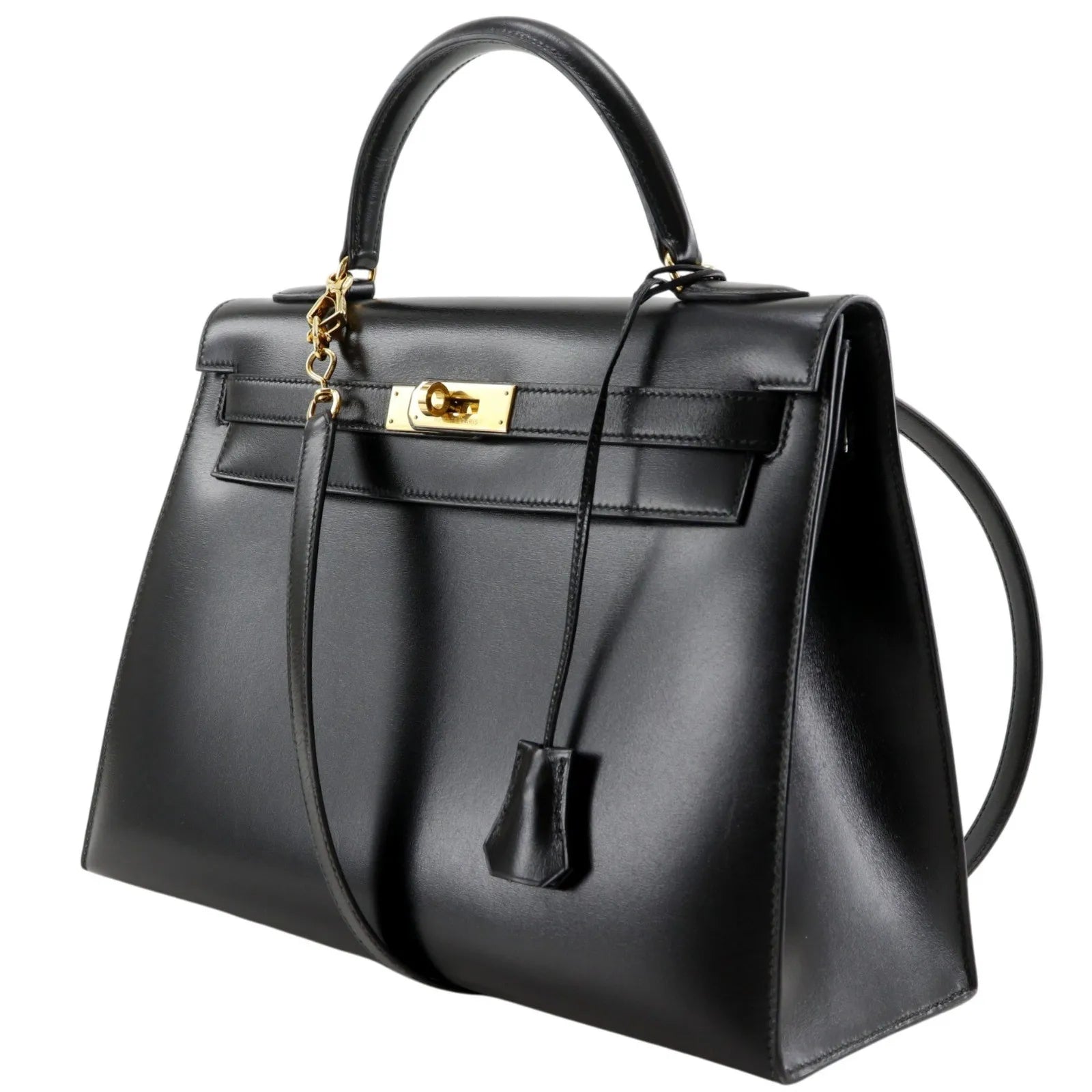 Hermes Kelly Black Box Calf With Gold Hardware Black Leather Handbag (Pre-Owned)