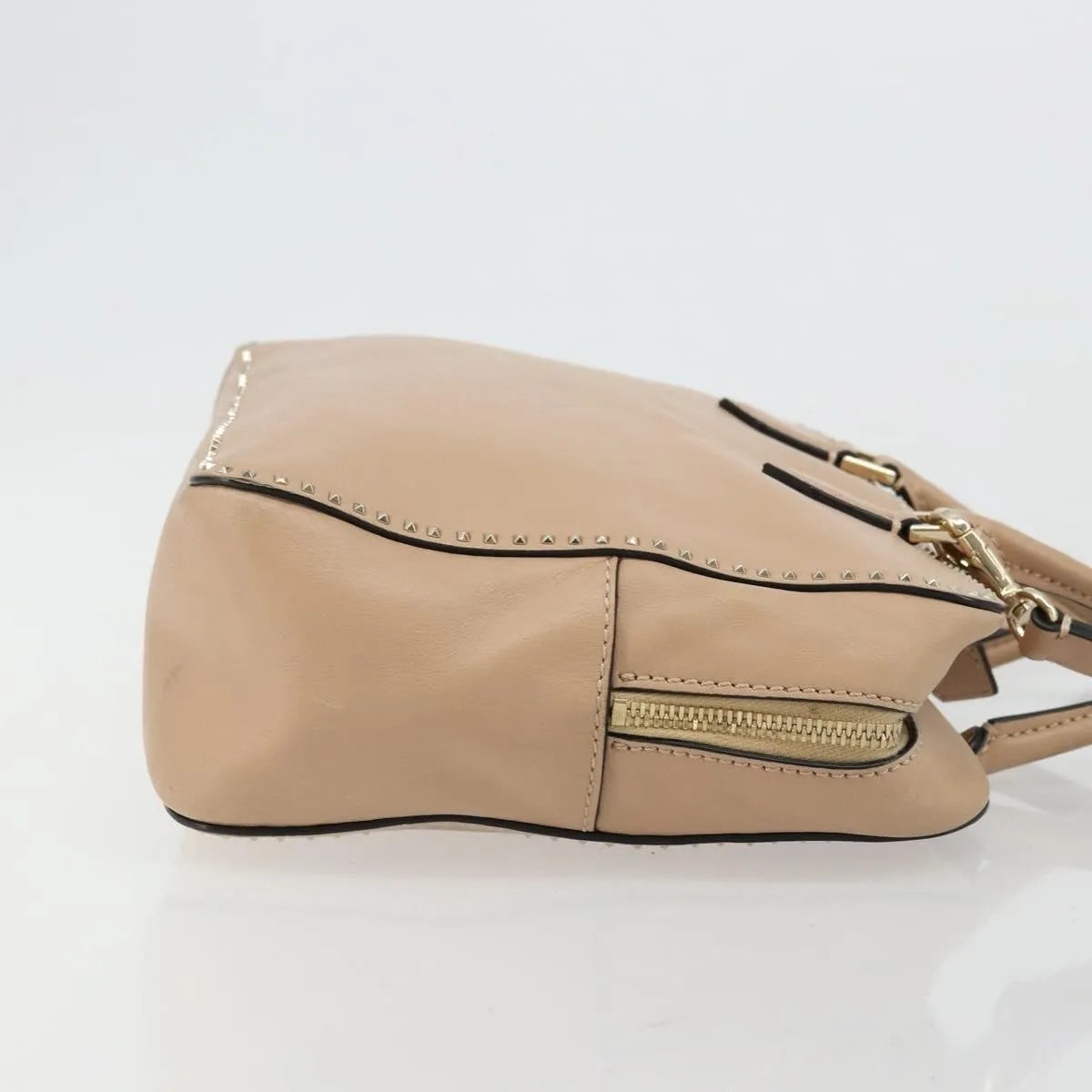 Valentino Garavani Convertible Zip Satchel Leather With Micro Rockstuds Beige Leather Handbag (Pre-Owned)